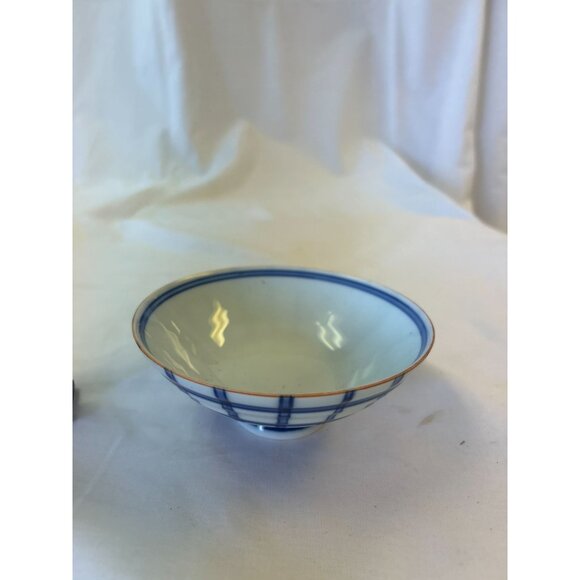 Vintage Blue & White Arita Ware Ceramic Bowls With Orange Rim Accents - Set of 2 - Picture 1 of 4